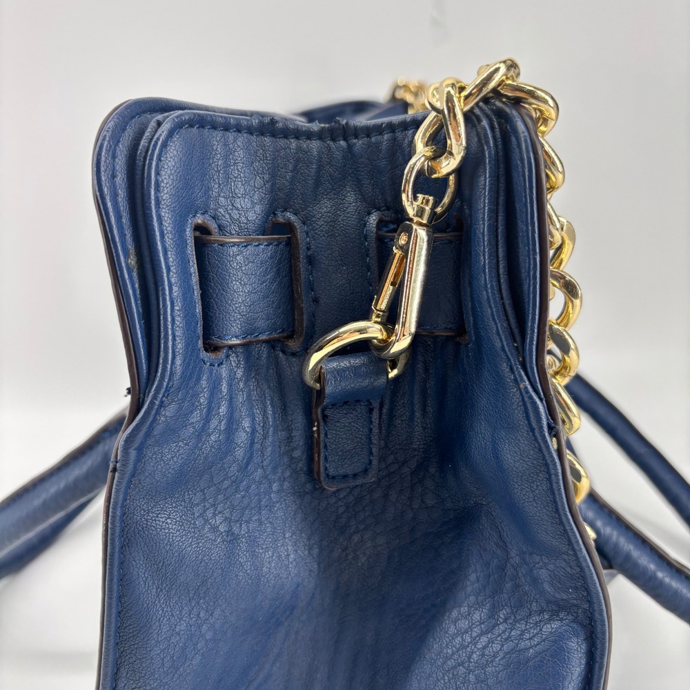 Charming Charlie Navy Blue Faux Leather and Denim Satchel Crossbody Bag Gold - Picture 5 of 12